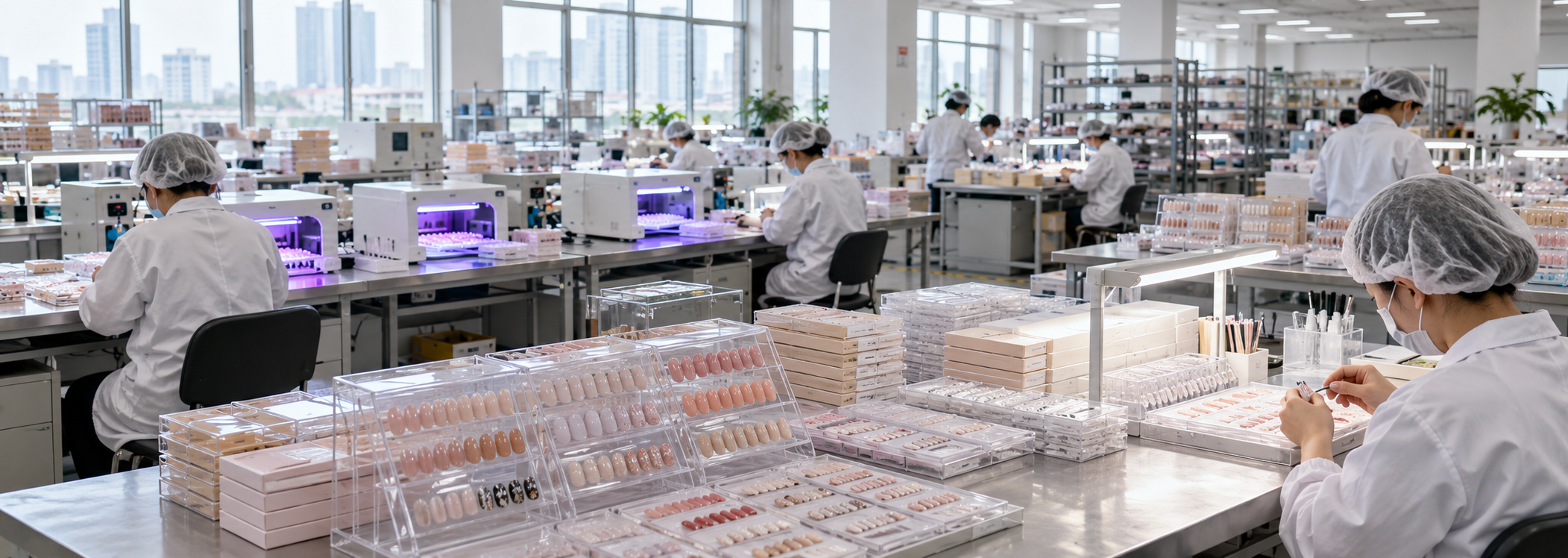 Illustrative press-on nail production and quality inspection workshop